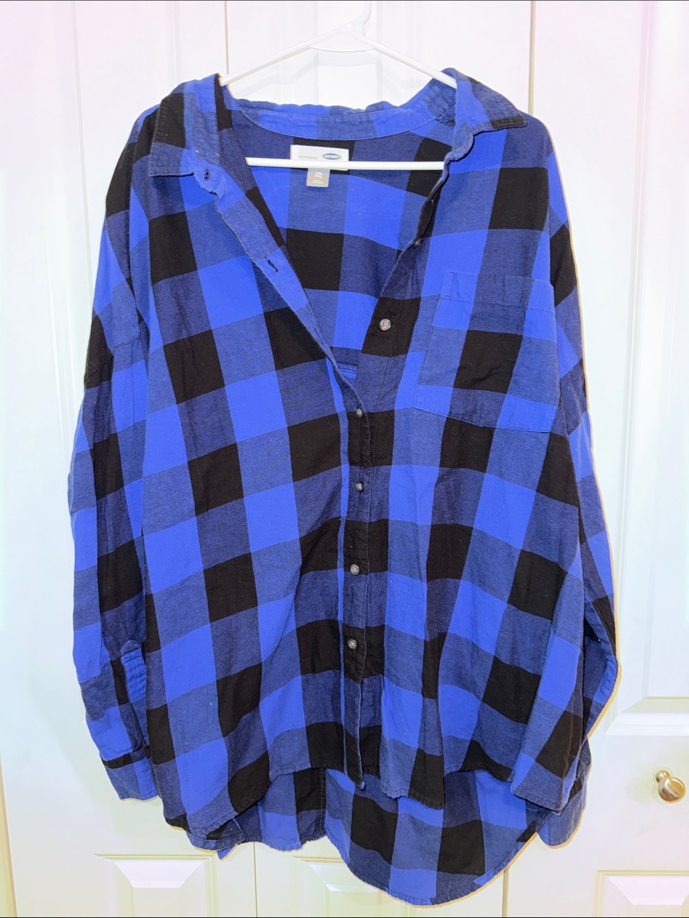 Old Navy Blue and Black Plaid Button-Down Shirt with Chest Pocket